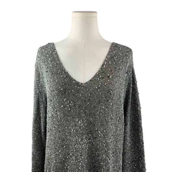 Additions By Chicos V-Neck Silver Sweater Size 3 Polyester & Rayon Blend Made - Picture 4 of 5